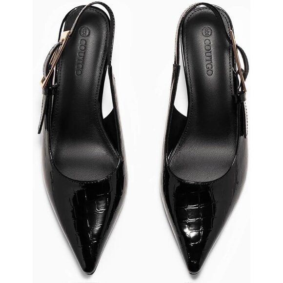 Women's Black Slingback Kitten Heels Closed Pointed Toe Pumps Buckle Strap - Picture 4 of 5